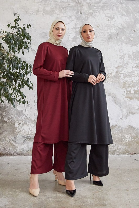 7150 - Tunik Pantolon Tesettür İkili Takım Bordo-A10