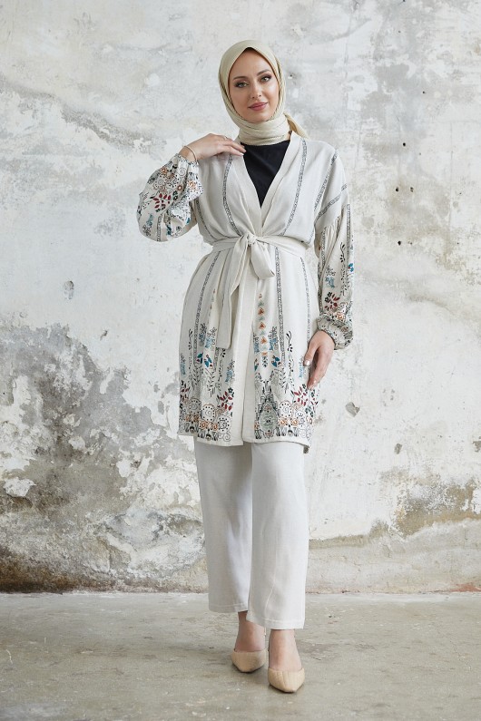 8845 - Etnik Desen Tesettür Kimono Takım Mi̇nt Yeşi̇li̇-A10 8845 - Etnik Desen Tesettür Kimono Takım Mi̇nt Yeşi̇li̇-A10