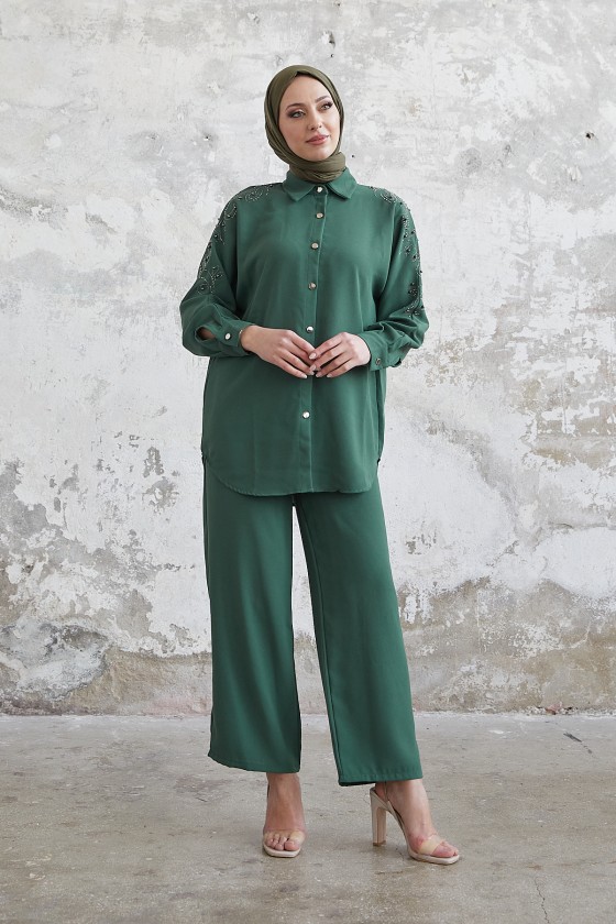 10793 - Pantolon Gömlek Tesettür İkili Takım Haki̇-A4