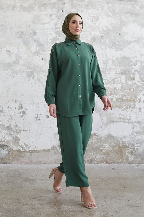 10793 - Pantolon Gömlek Tesettür İkili Takım Haki̇-A4