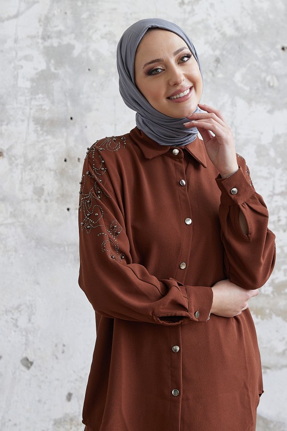 10793 - Pantolon Gömlek Tesettür İkili Takım Kahverengi̇-A4