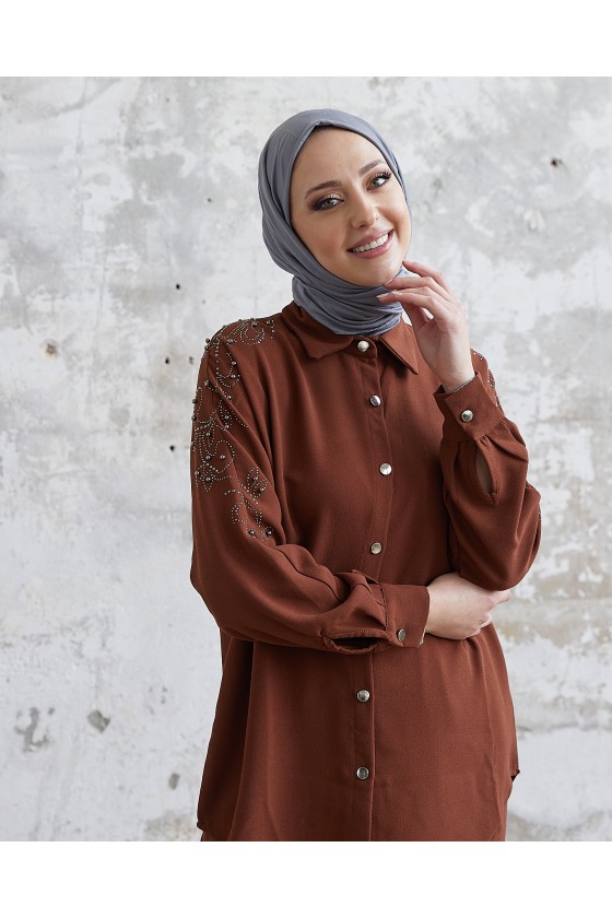 10793 - Pantolon Gömlek Tesettür İkili Takım Kahverengi̇-A4