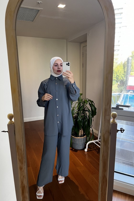 10793 - Pantolon Gömlek Tesettür İkili Takım Gri̇-A4