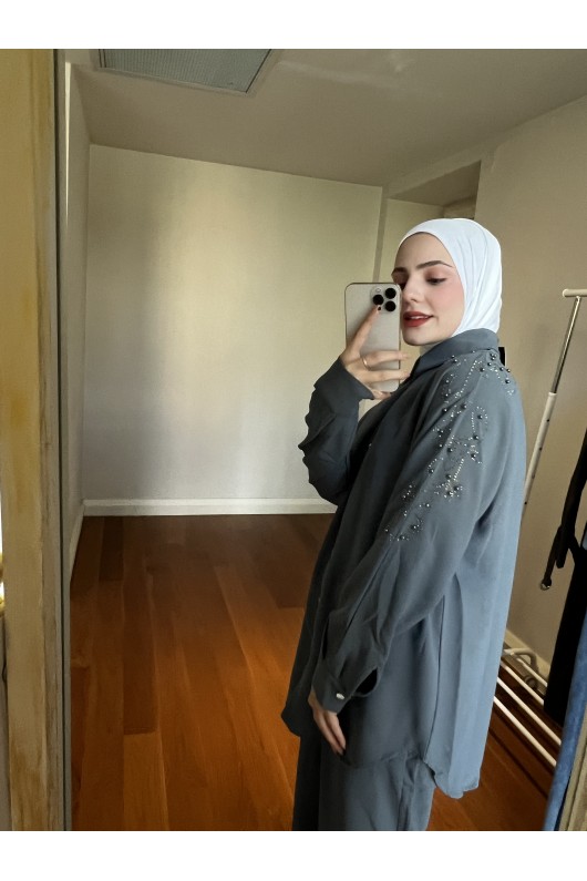 10793 - Pantolon Gömlek Tesettür İkili Takım Gri̇-A4 10793 - Pantolon Gömlek Tesettür İkili Takım Gri̇-A4