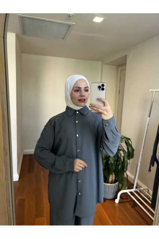 10793 - Pantolon Gömlek Tesettür İkili Takım Gri̇-A4 10793 - Pantolon Gömlek Tesettür İkili Takım Gri̇-A4