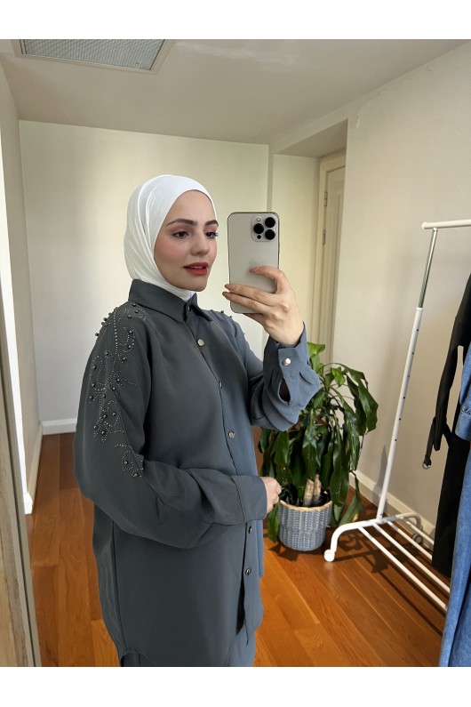 10793 - Pantolon Gömlek Tesettür İkili Takım Gri̇-A4 10793 - Pantolon Gömlek Tesettür İkili Takım Gri̇-A4