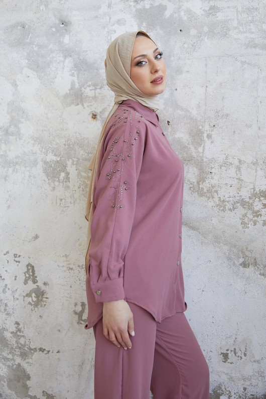 10793 - Pantolon Gömlek Tesettür İkili Takım Pembe-A4 10793 - Pantolon Gömlek Tesettür İkili Takım Pembe-A4