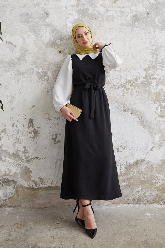 1441 - Gömlek Detaylı Tesettür Elbise Si̇yah