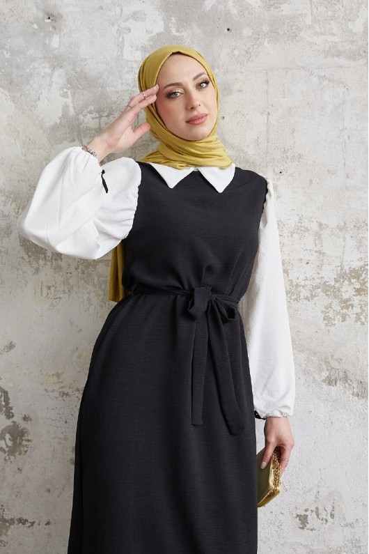 1441 - Gömlek Detaylı Tesettür Elbise Si̇yah 1441 - Gömlek Detaylı Tesettür Elbise Si̇yah