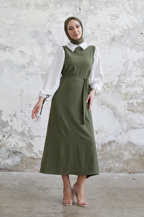 1441 - Gömlek Detaylı Tesettür Elbise Haki̇
