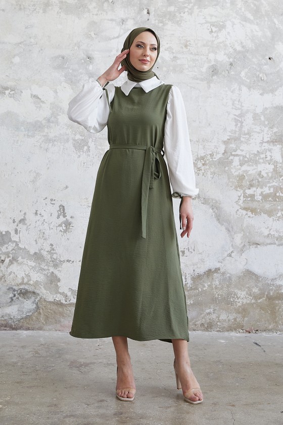1441 - Gömlek Detaylı Tesettür Elbise Haki̇