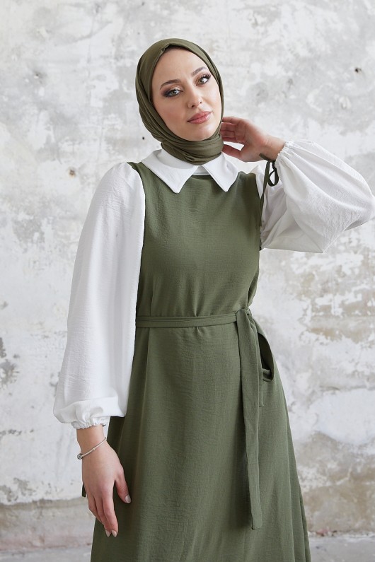 1441 - Gömlek Detaylı Tesettür Elbise Haki̇ 1441 - Gömlek Detaylı Tesettür Elbise Haki̇