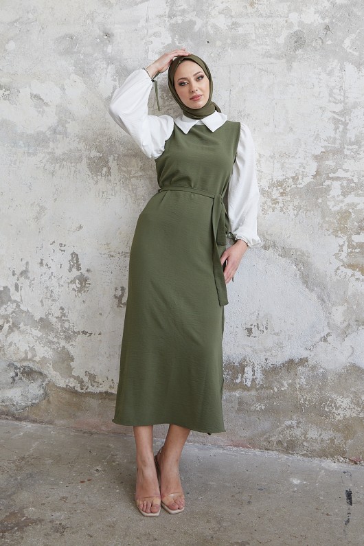 1441 - Gömlek Detaylı Tesettür Elbise Haki̇ 1441 - Gömlek Detaylı Tesettür Elbise Haki̇