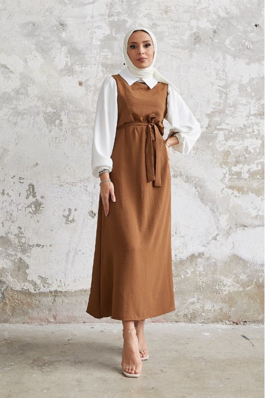1441 - Gömlek Detaylı Tesettür Elbise Taba