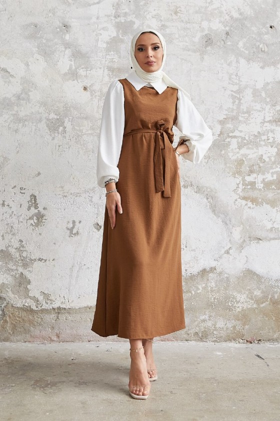 1441 - Gömlek Detaylı Tesettür Elbise Taba