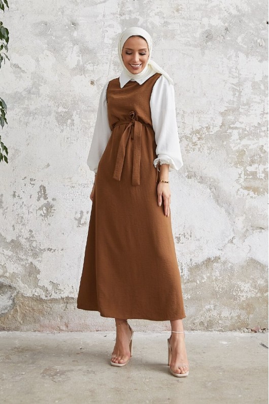 1441 - Gömlek Detaylı Tesettür Elbise Taba