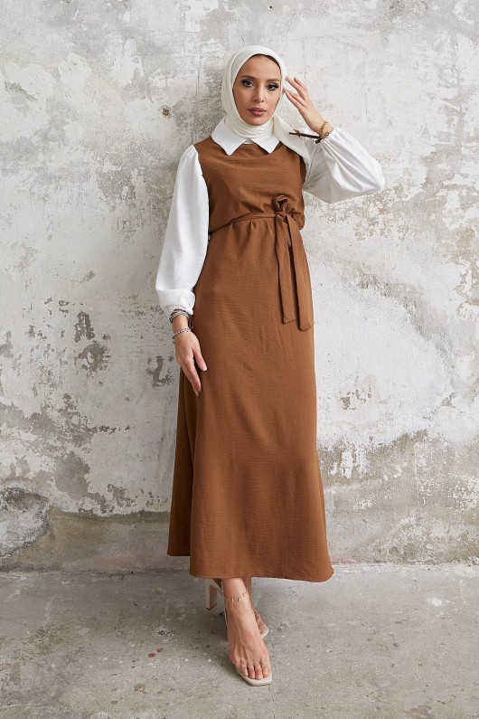 1441 - Gömlek Detaylı Tesettür Elbise Taba