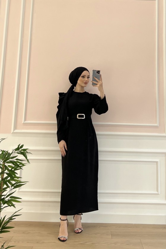 1937 - Kemerli Tesettür Elbise Si̇yah-B5