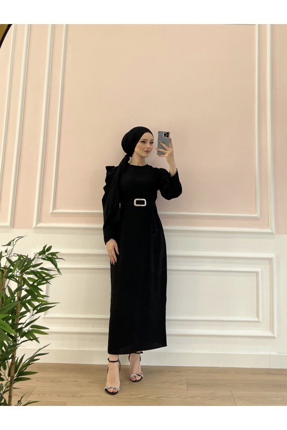 1937 - Kemerli Tesettür Elbise Si̇yah-B5