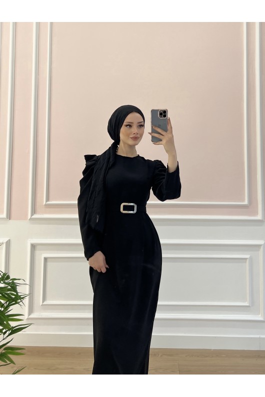 1937 - Kemerli Tesettür Elbise Si̇yah-B5 1937 - Kemerli Tesettür Elbise Si̇yah-B5