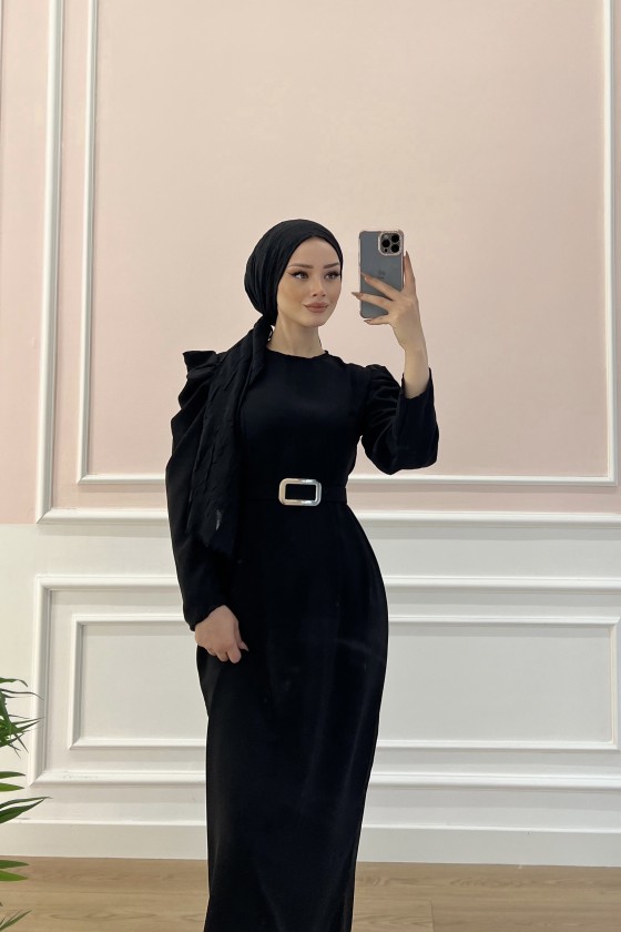 1937 - Kemerli Tesettür Elbise Si̇yah-B5