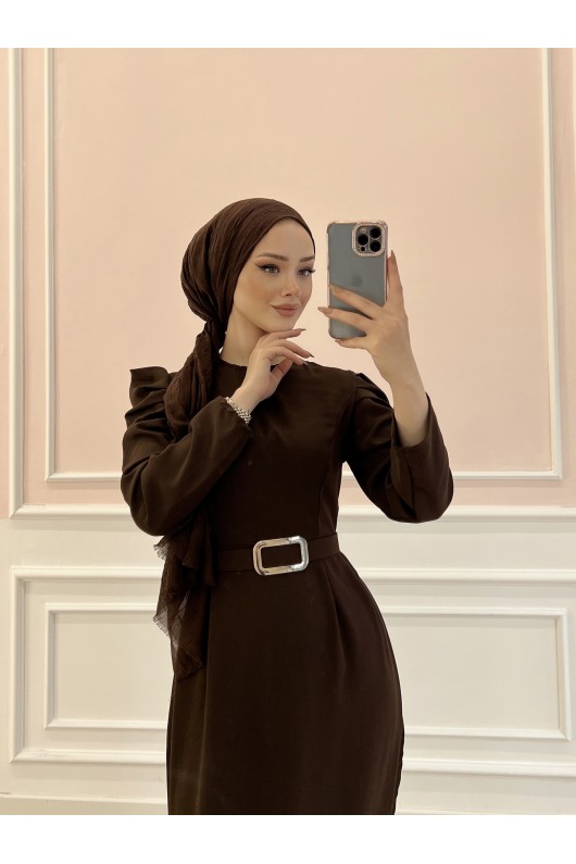 1937 - Kemerli Tesettür Elbise Kahverengi̇-B5 1937 - Kemerli Tesettür Elbise Kahverengi̇-B5