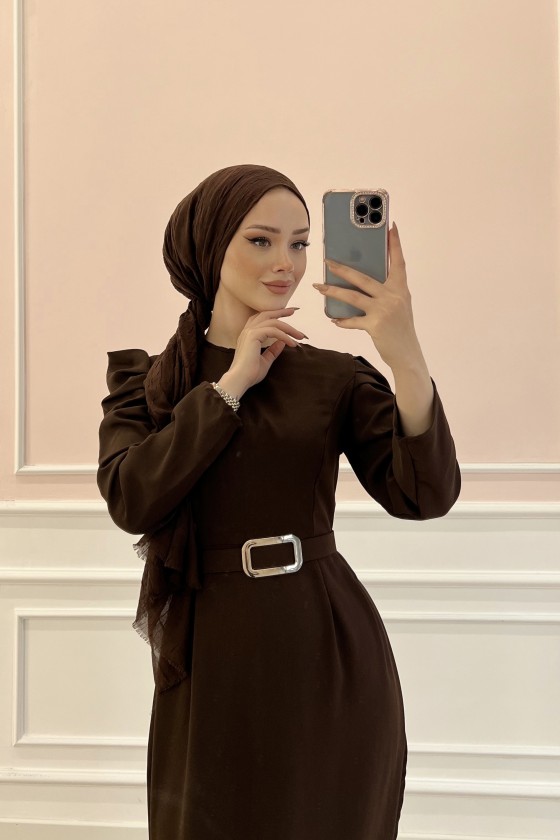 1937 - Kemerli Tesettür Elbise Kahverengi̇-B5