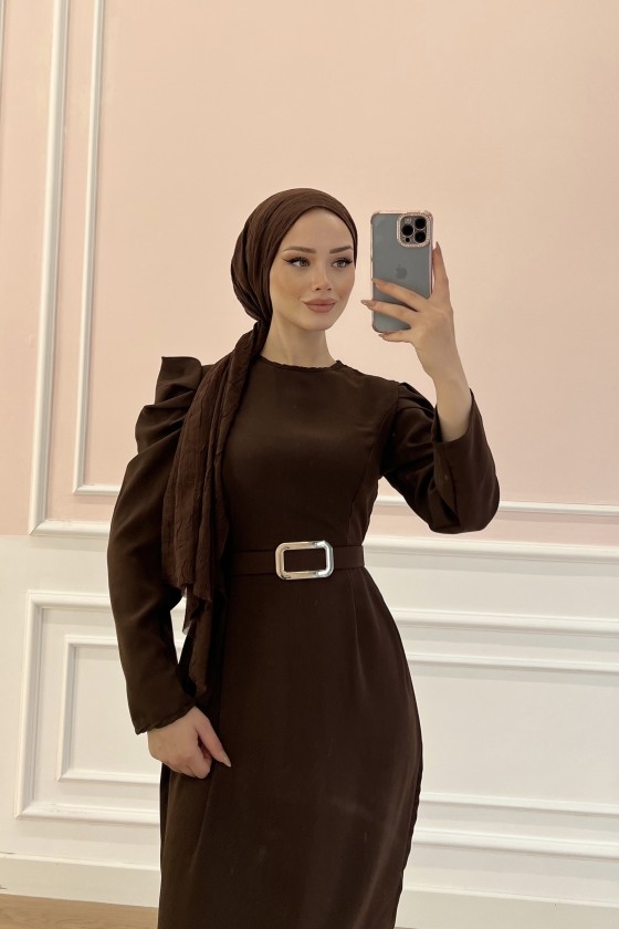 1937 - Kemerli Tesettür Elbise Kahverengi̇-B5