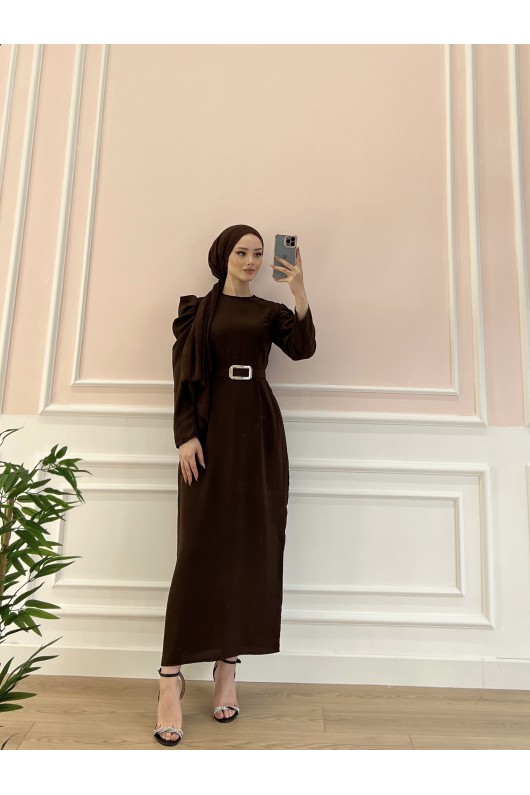 1937 - Kemerli Tesettür Elbise Kahverengi̇-B5 1937 - Kemerli Tesettür Elbise Kahverengi̇-B5