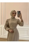 1937 - Kemerli Tesettür Elbise Bej-B5 1937 - Kemerli Tesettür Elbise Bej-B5