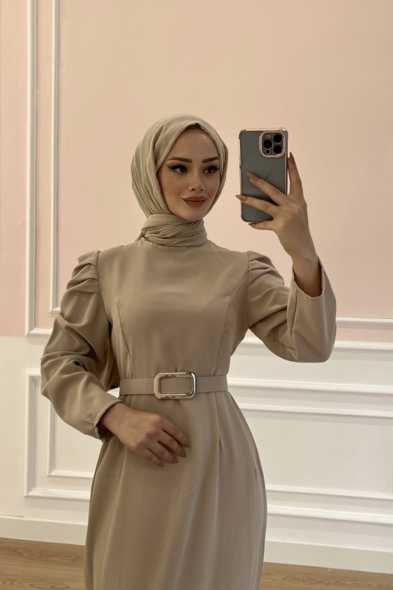 1937 - Kemerli Tesettür Elbise Bej-B5