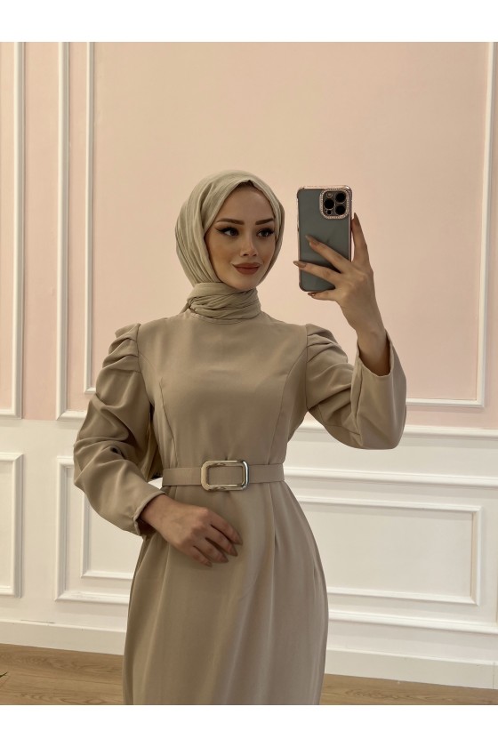 1937 - Kemerli Tesettür Elbise Bej-B5