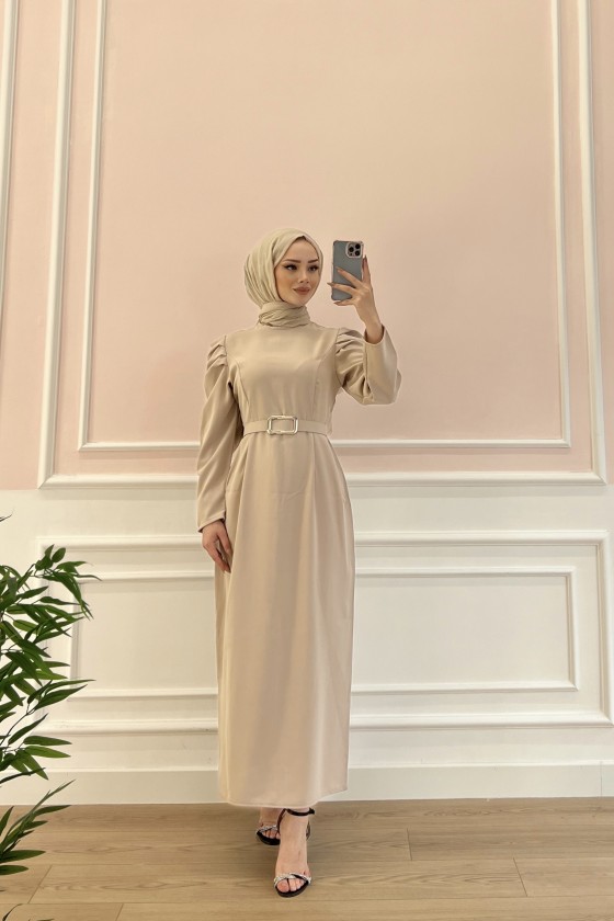 1937 - Kemerli Tesettür Elbise Bej-B5