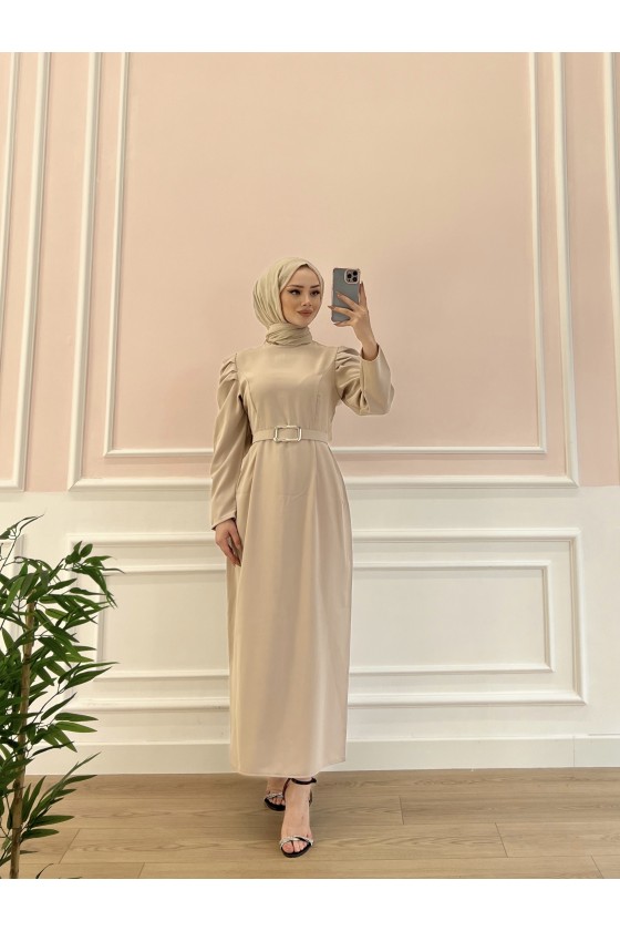 1937 - Kemerli Tesettür Elbise Bej-B5 1937 - Kemerli Tesettür Elbise Bej-B5