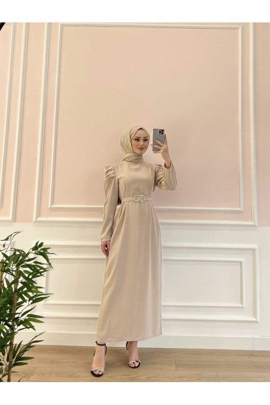 1937 - Kemerli Tesettür Elbise Bej-B5 1937 - Kemerli Tesettür Elbise Bej-B5