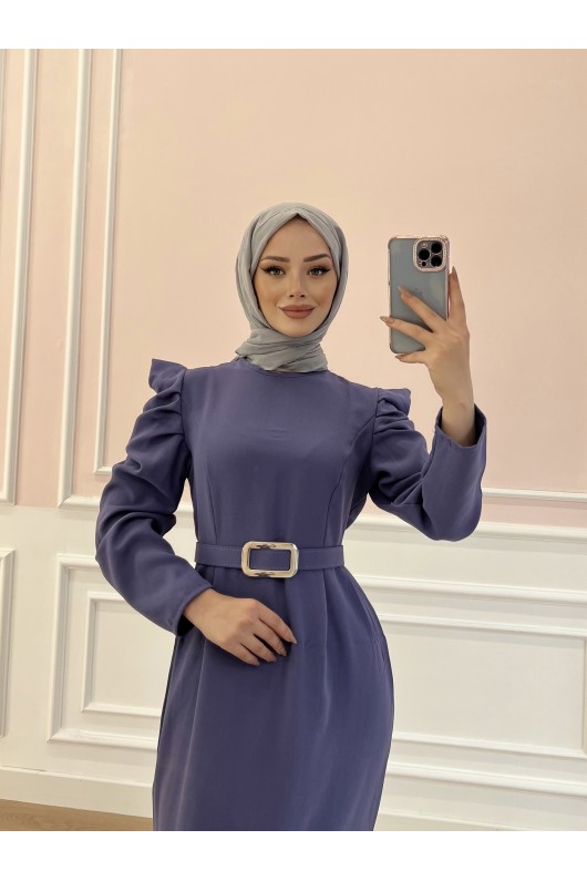 1937 - Kemerli Tesettür Elbise Mor-B5 1937 - Kemerli Tesettür Elbise Mor-B5