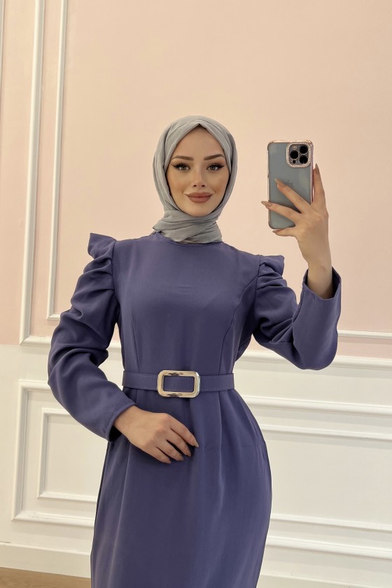 1937 - Kemerli Tesettür Elbise Mor-B5