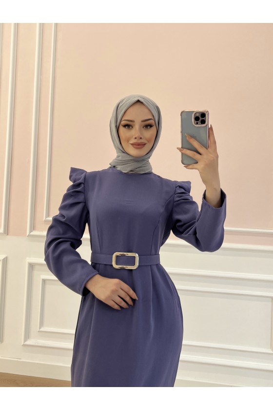 1937 - Kemerli Tesettür Elbise Mor-B5