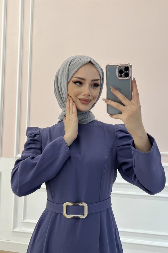 1937 - Kemerli Tesettür Elbise Mor-B5