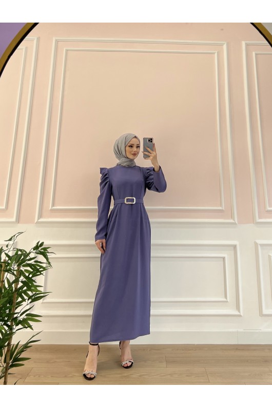 1937 - Kemerli Tesettür Elbise Mor-B5 1937 - Kemerli Tesettür Elbise Mor-B5