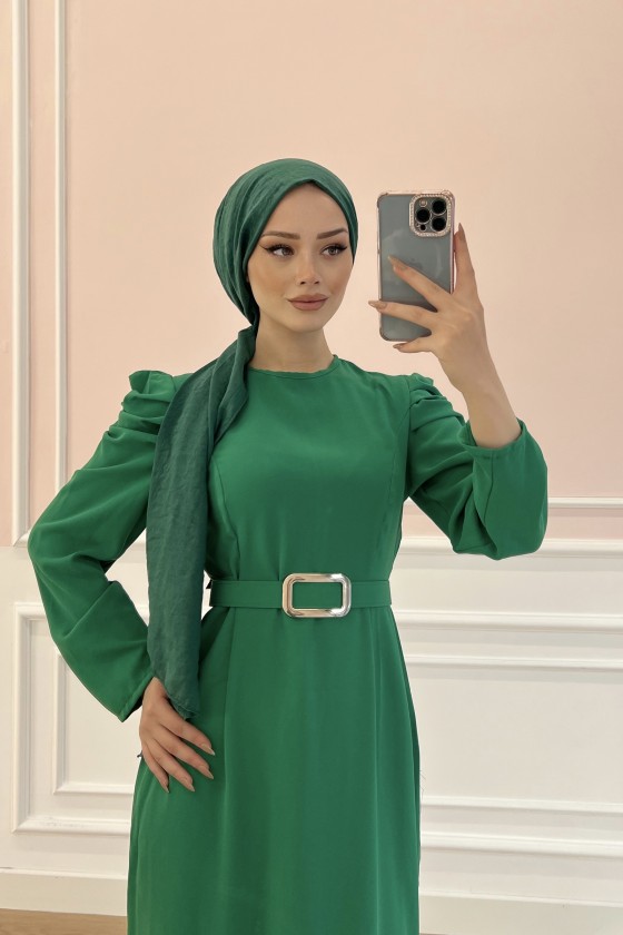 1937 - Kemerli Tesettür Elbise Yeşi̇l-B5