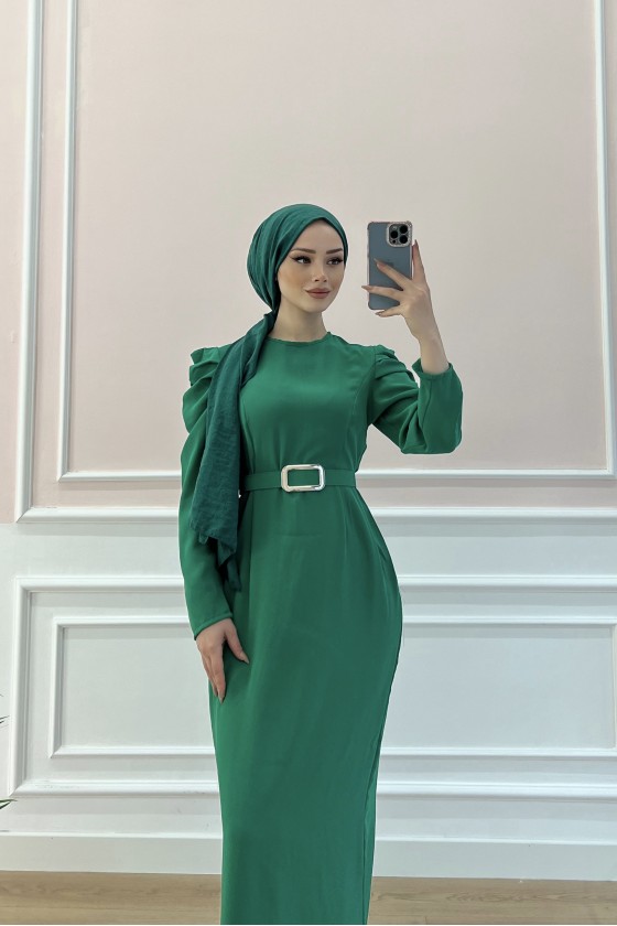 1937 - Kemerli Tesettür Elbise Yeşi̇l-B5