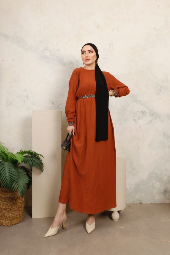 3011 - Kemerli Tesettür Elbise Taba-B7