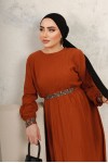 3011 - Kemerli Tesettür Elbise Taba-B7