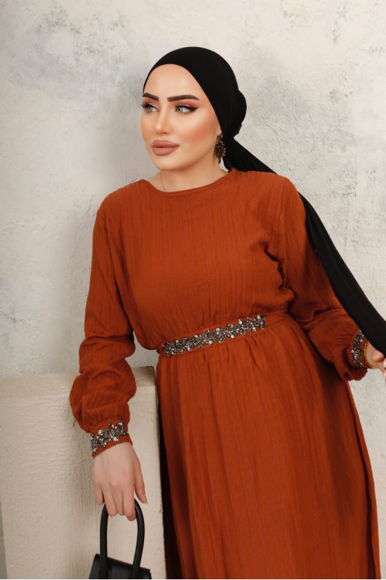 3011 - Kemerli Tesettür Elbise Taba-B7
