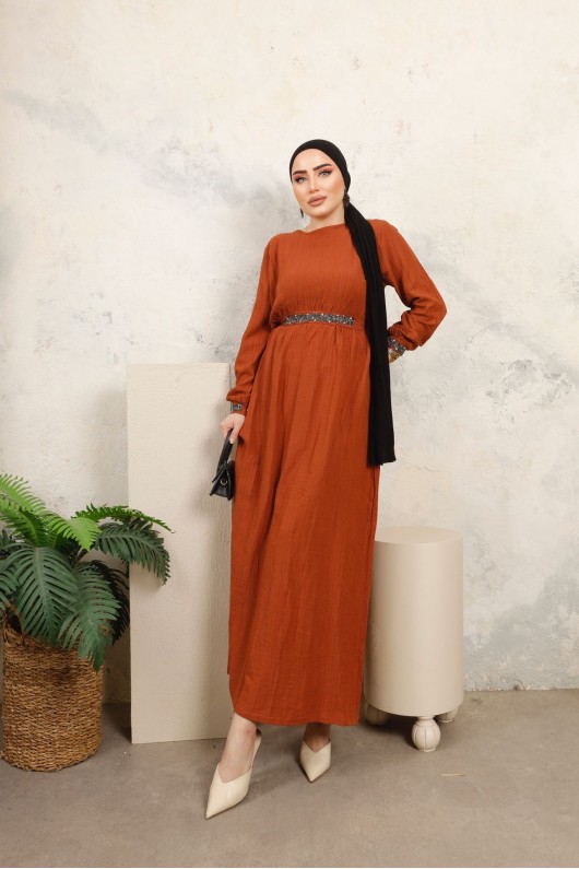 3011 - Kemerli Tesettür Elbise Taba-B7