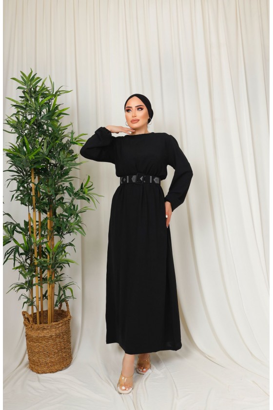 3135 - Kuşaklı Tesettür Elbise Si̇yah-D 2