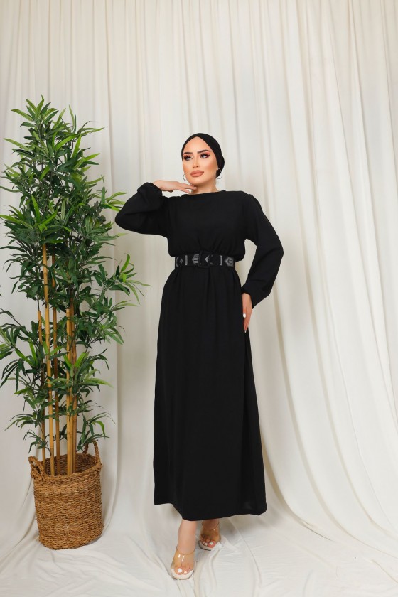 3135 - Kuşaklı Tesettür Elbise Si̇yah-D 2
