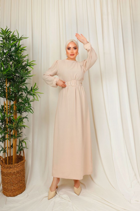 3135 - Kuşaklı Tesettür Elbise Bej-D 2