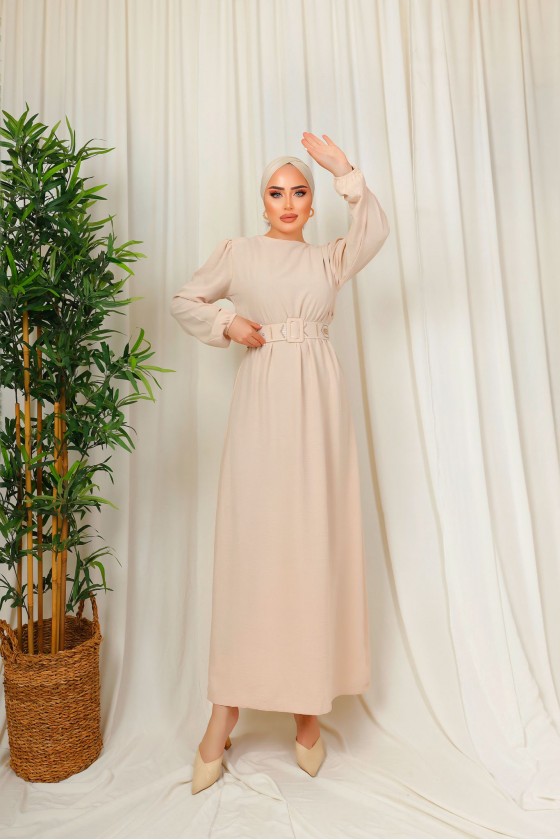 3135 - Kuşaklı Tesettür Elbise Bej-D 2